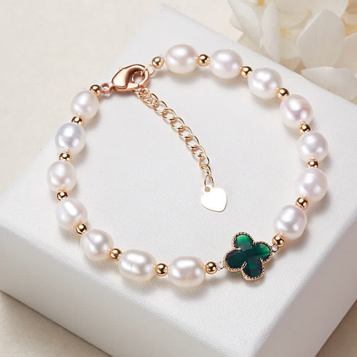 Pulsera de cadena de riqueza con trébol de cuatro hojas y perlas de Buddha Stones