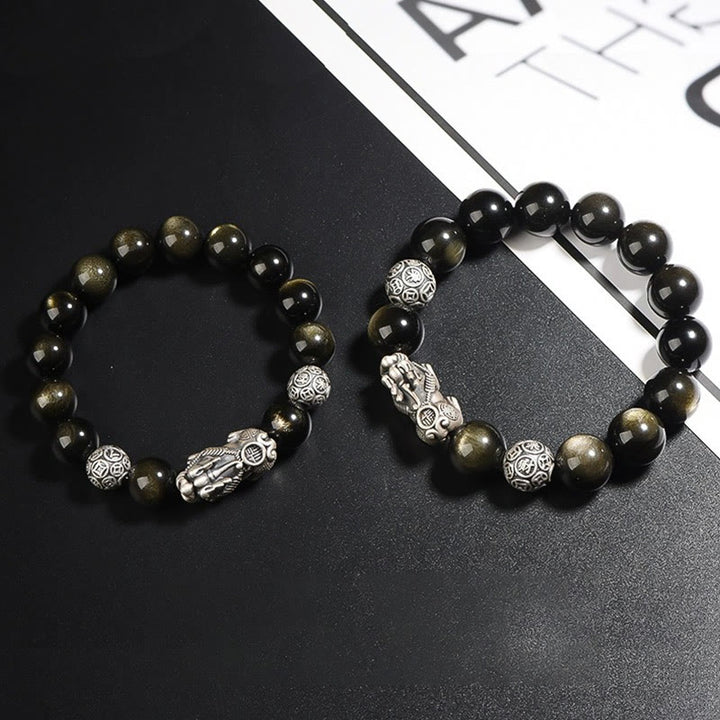 Pulsera de protección de la riqueza PiXiu de obsidiana brillante de oro natural de plata de ley 925 con Buddha Stones