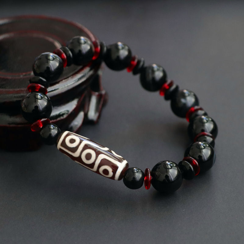 Pulsera de protección de la riqueza con cuentas Dzi de nueve ojos de ónix negro y Buddha Stones