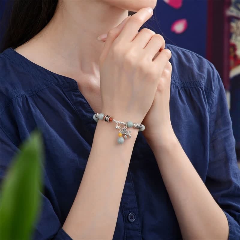 Pulsera de éxito de pony PiXiu de ámbar y jade natural de plata de ley 925