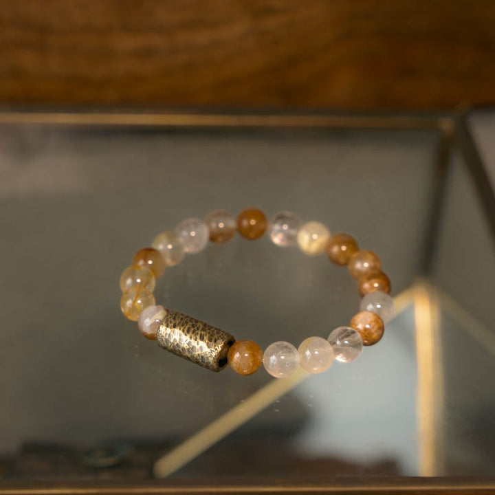 Buddha Stones Cristal blanco Cuarzo hematoide rojo Cuarzo rutilado dorado Pulsera de protección fantasma púrpura
