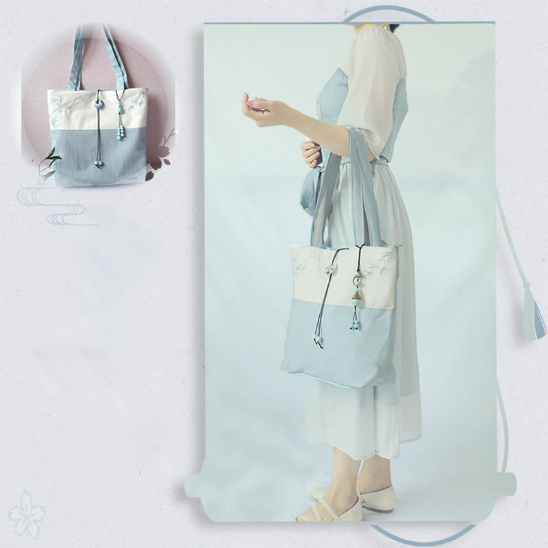 Bolso de hombro de gran capacidad con bordado de bambú, flor de pera, ciruelo, flor de melocotón, bolso de mano