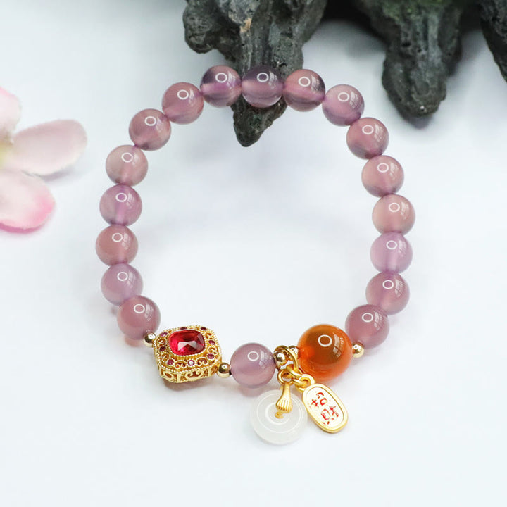 Buddha Stones, Calcedonia púrpura Natural, ágata de caramelo, hebilla de la paz, pulsera con amuleto de la suerte y la armonía