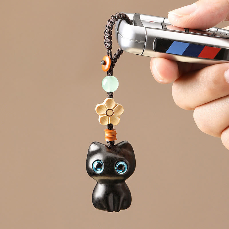 Buddha Stones, Mini hoja pequeña, sándalo rojo, madera de ébano, gato de la suerte, gatito encantador, llavero de la paz, decoración colgante para teléfono