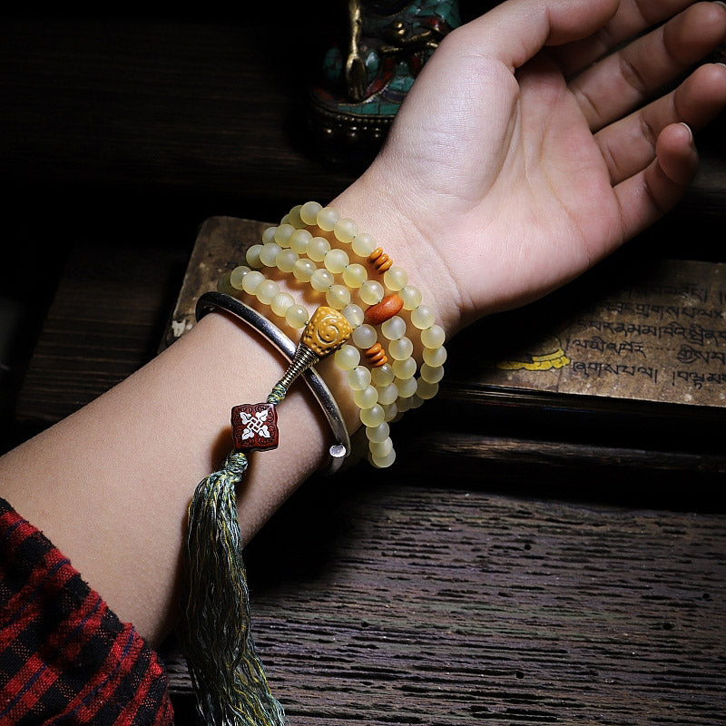 Pulsera de la suerte con 108 cuentas de Mala, cuerno de oveja del Tíbet, ámbar