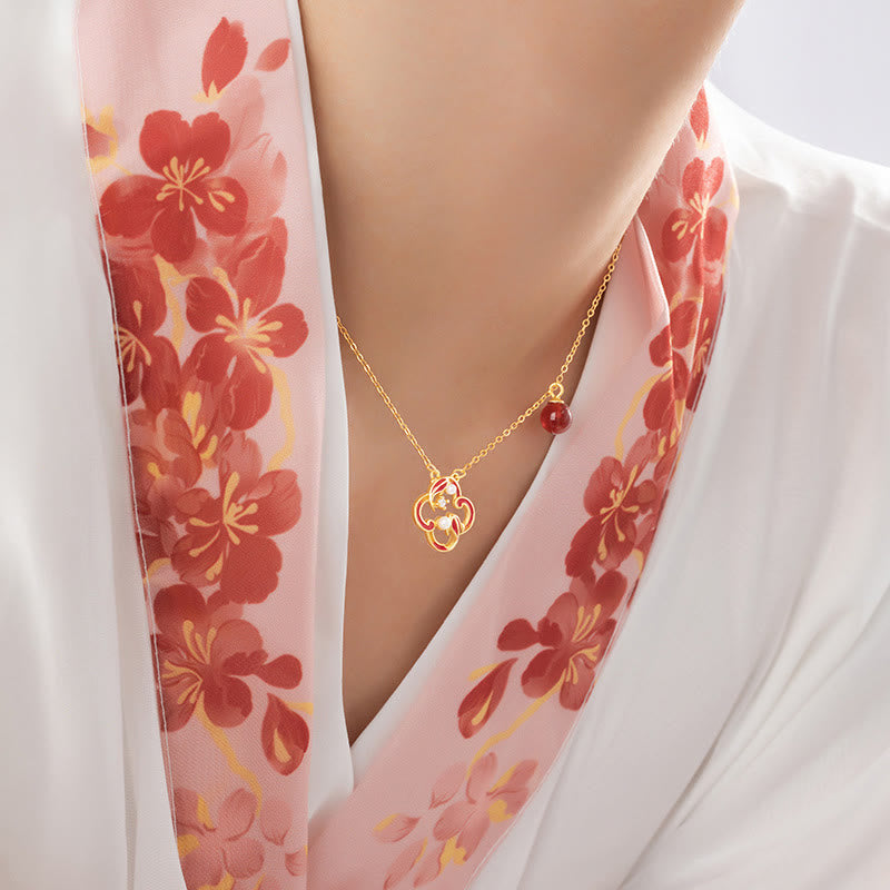 Juego de pendientes y collar con colgante de trébol de cuatro hojas, Plata de Ley 925, Buddha Stones , ágata roja, perla, riqueza