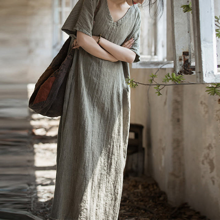 Vestido midi con cuello en V y teñido anudado hecho a mano con Buddha Stones Vestido de manga corta de lino