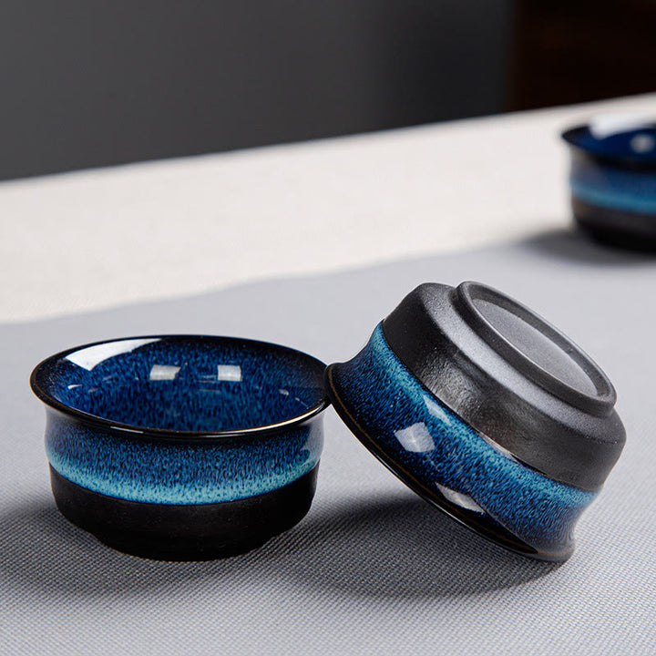 Juego de caja con bolsa de regalo portátil, tetera de cerámica de té Gongfu chino, Color degradado en azul, Buddha Stones