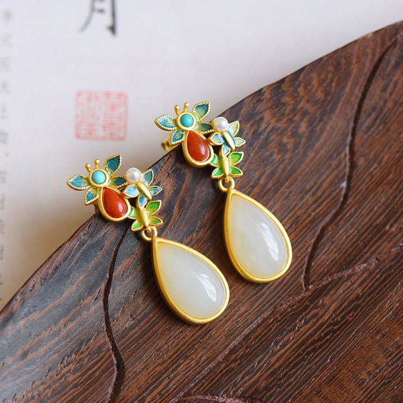 Pendientes colgantes con forma de gota de agua , Buddha Stones , Jade blanco, ágata roja, mariposa, protección