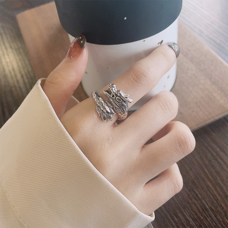 Anillo de metal ajustable con Buddha Stones de plata de ley 925, año del dragón, fuerza de la suerte