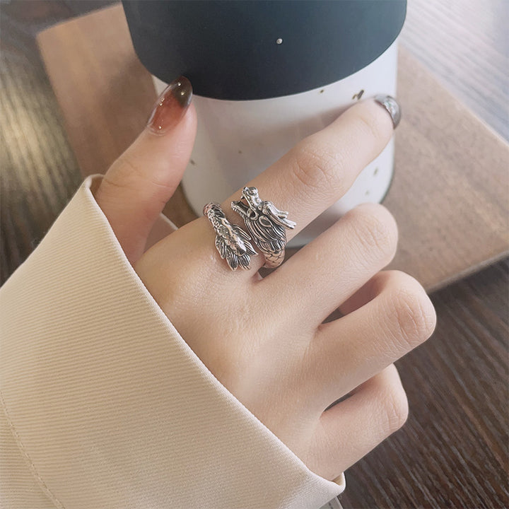 Anillo de metal ajustable con Buddha Stones de plata de ley 925, año del dragón, fuerza de la suerte