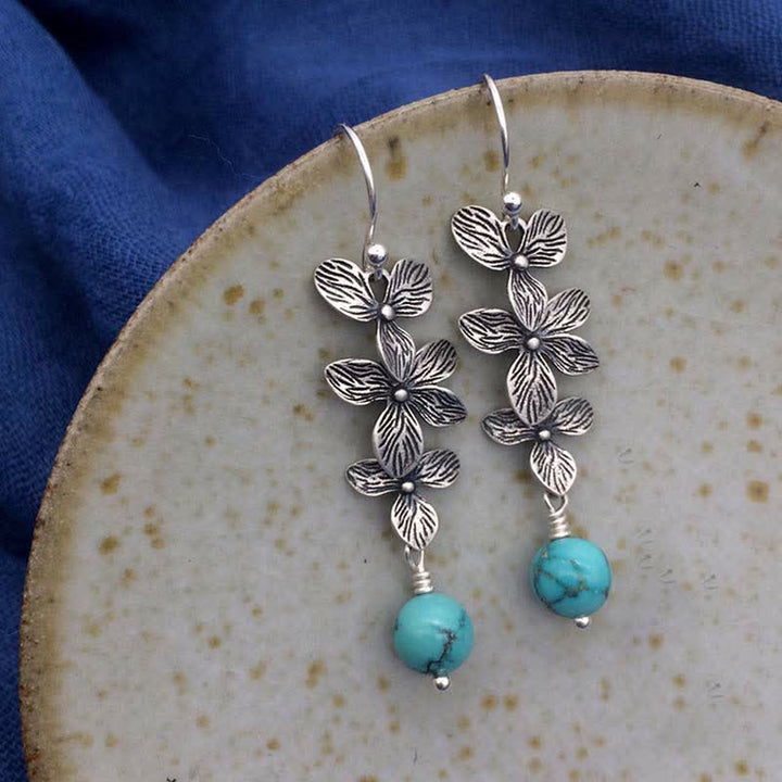 Pendientes colgantes de plata de ley 925 con forma de flor de lazurita turquesa y hoja de serenidad