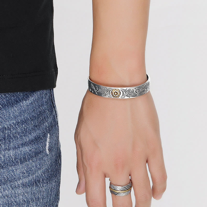 Brazalete de cobre tallado con plumas de la suerte, diseño de flores de la dinastía Tang, Buddha Stones