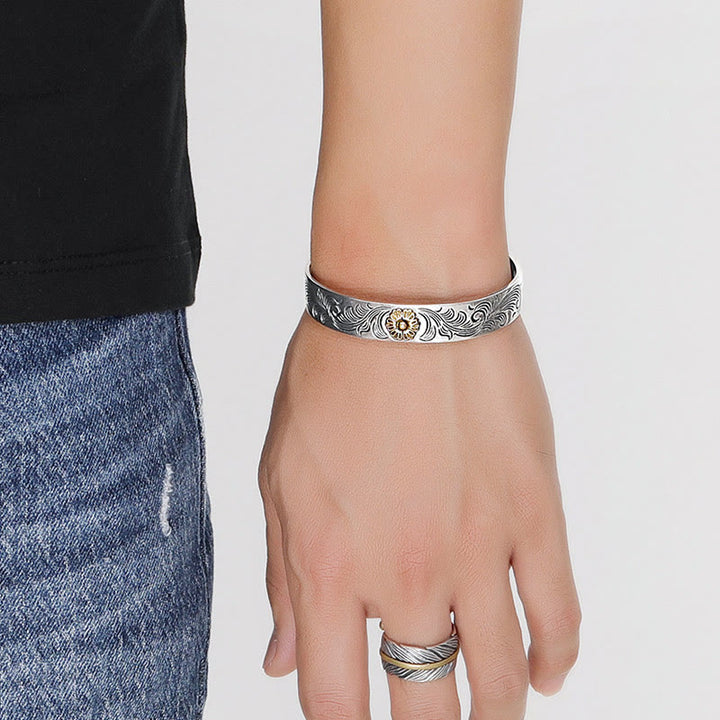 Brazalete de cobre tallado con plumas de la suerte, diseño de flores de la dinastía Tang, Buddha Stones