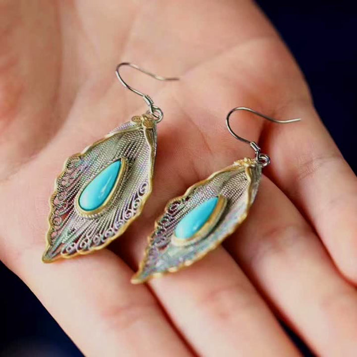 Pendientes colgantes de plata de ley 925 con diseño de hoja de Bodhi turquesa