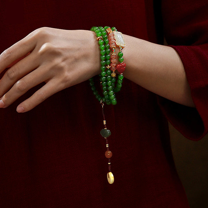 Buddha Stones 108 cuentas Mala cian Jade ágata roja pulsera de la suerte de Buda sonriente