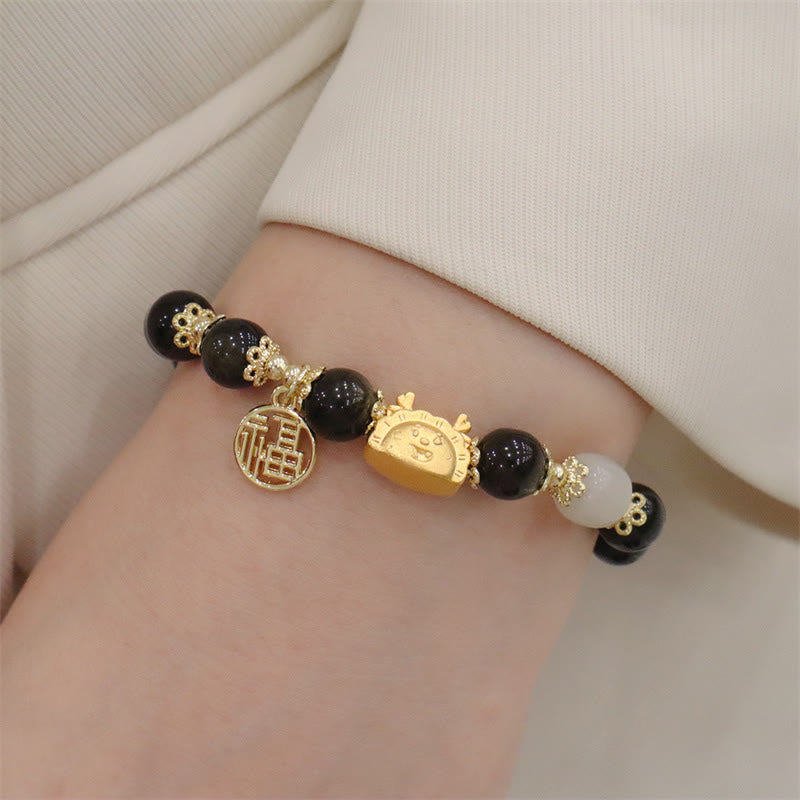 Buddha Stones Año del Dragón Ágata roja Cuarzo fresa Obsidiana negra Jade Granate Perla Cinabrio Bola de masa Dragón Suerte Fu Pulsera con personajes