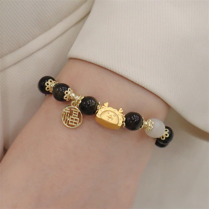 Buddha Stones Año del Dragón Ágata roja Cuarzo fresa Obsidiana negra Jade Granate Perla Cinabrio Bola de masa Dragón Suerte Fu Pulsera con personajes