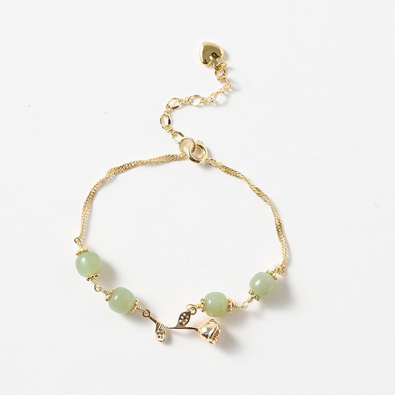 Pulsera de cadena de la suerte con flor de rosa dorada y jade hetiano chapado en oro de 14 Buddha Stones