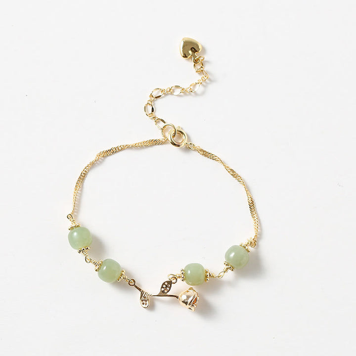 Pulsera de cadena de la suerte con flor de rosa dorada y jade hetiano chapado en oro de 14 Buddha Stones