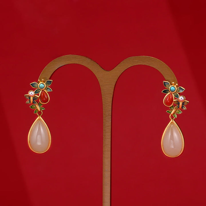 Pendientes colgantes con forma de gota de agua , Buddha Stones , Jade blanco, ágata roja, mariposa, protección