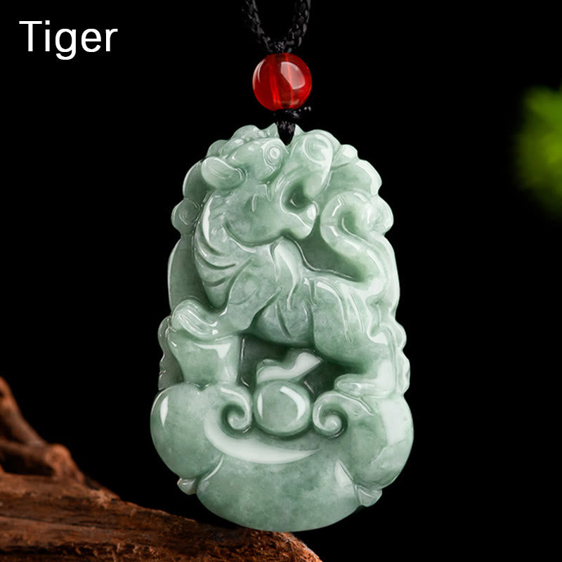 Buddha Stones Jade verde natural 12 Zodíaco chino Suerte Prosperidad Collar Colgante