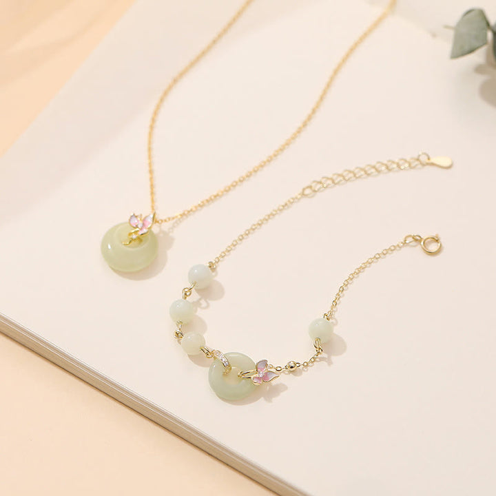 Juego de colgante de collar y pulsera de la suerte de orquídeas con hebilla de la paz de Jade Hetian Natural de plata de ley 925 con Buddha Stones