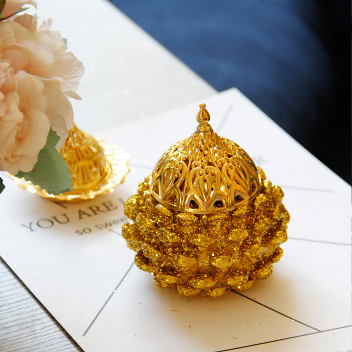 Mini quemador de incienso con diseño de cono de pino dorado, decoración de mesa para el hogar, rituales espirituales