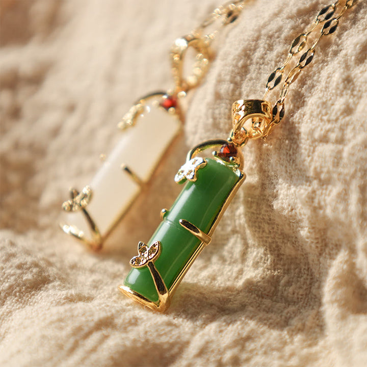 Colgante de collar de protección de la suerte de bambú con Buddha Stones, Jade blanco, cian, Jade