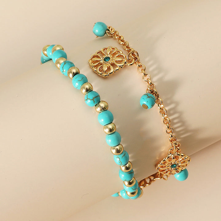 Tobillera con pulsera de protección de flores de piedra turquesa de 2 piezas