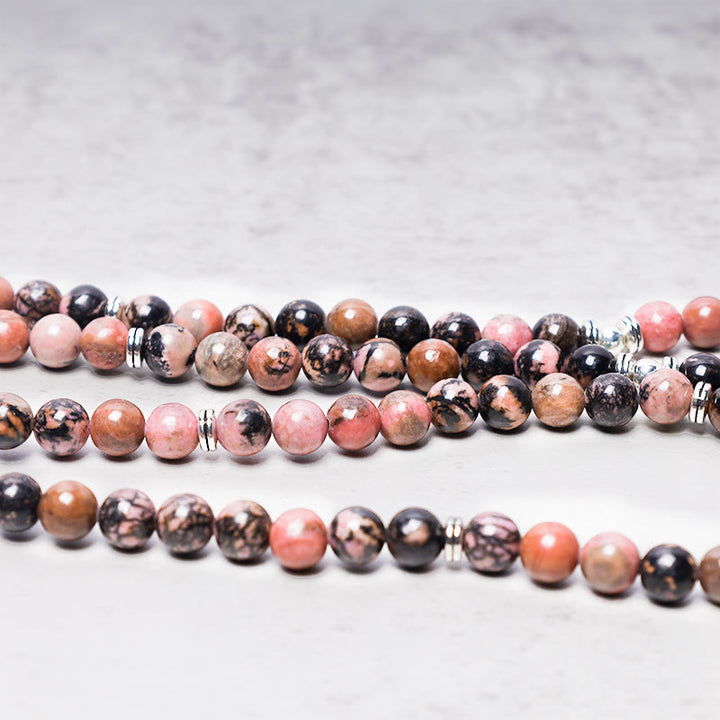 Pulsera de energía de compasión de loto de rodonita con 108 cuentas de Mala de Buddha Stones