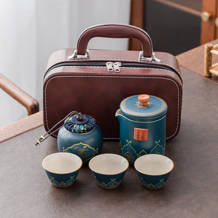 Tetera de cerámica de Gongfu chino con flores de Buddha Stones , bolsa portátil para juego de té de viaje al aire libre - Cian - 1 tetera + 3 tazas + 1 bolso + 1 lata de té - image 12
