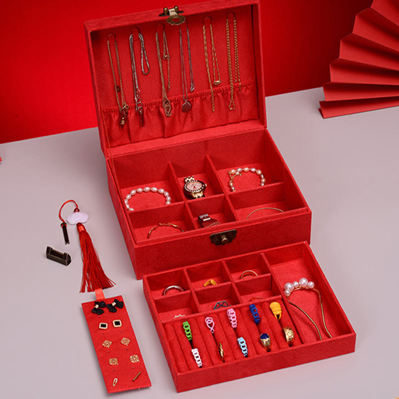 Caja organizadora de joyas de diseño Simple con Buddha Stones, caja de almacenamiento de joyas de dos capas, caja de franela con cerradura - image 20
