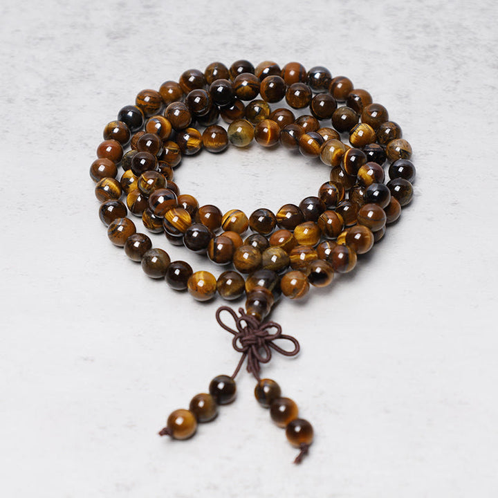 Buddha Stones tibetanas 108 cuentas de piedras preciosas de ojo de tigre naturales oración Mala pulsera collar