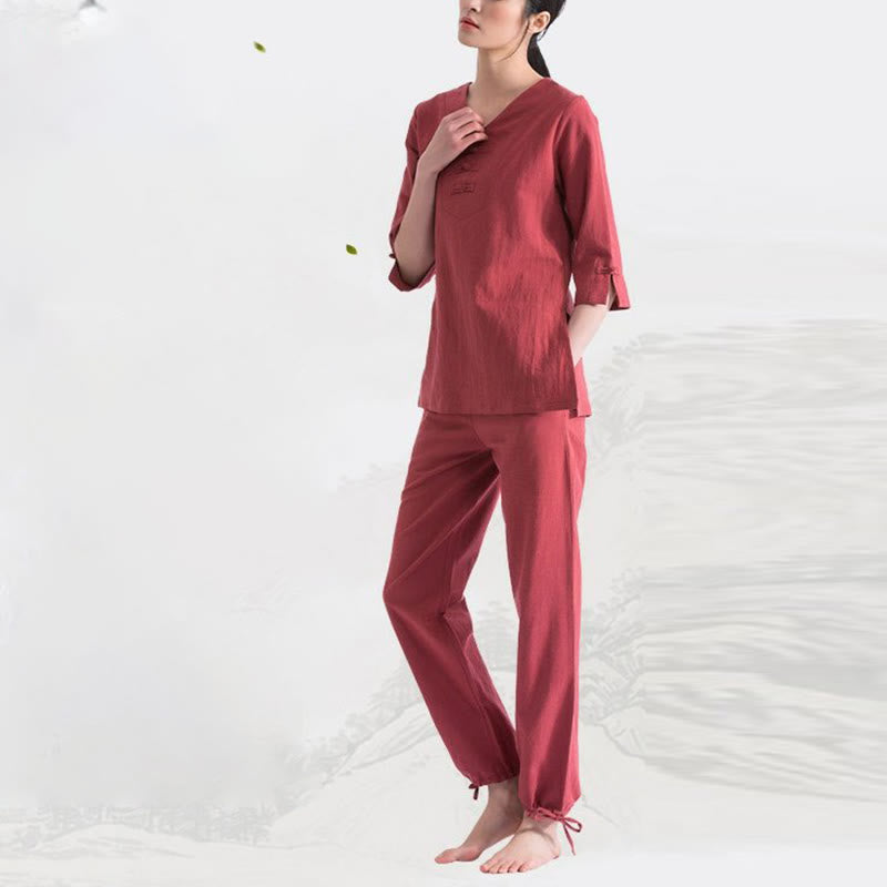 Conjunto de ropa de lino y algodón con diseño de cuello en V para mujer, uniforme de práctica Zen, Buddha Stones, Yoga, meditación y oración