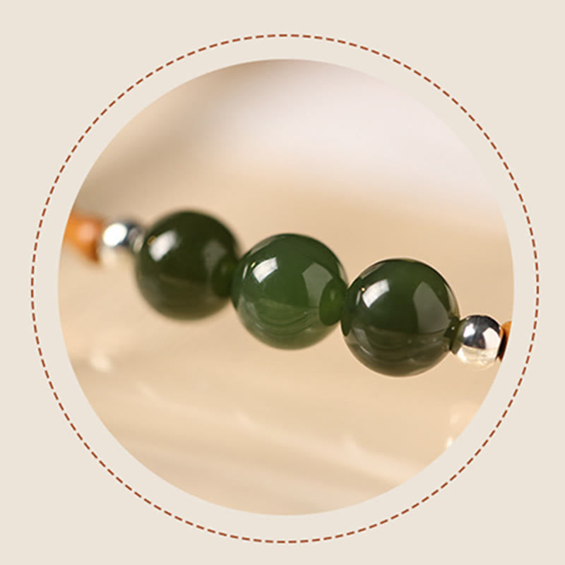 Pulsera de la suerte con cuentas de jade hetiano con patrón de bambú de oliva natural con Buddha Stones