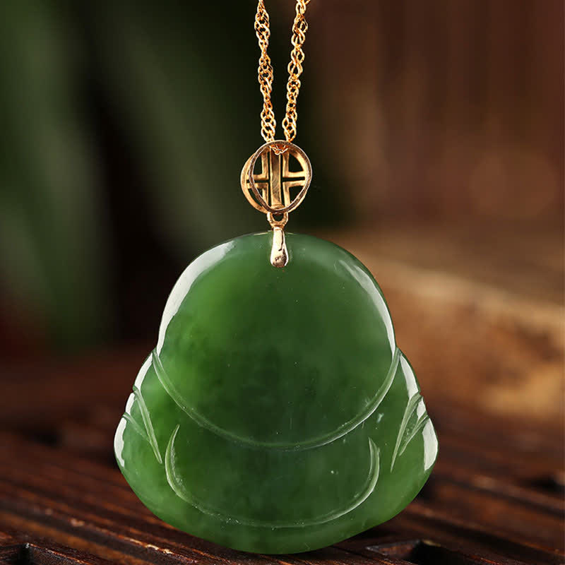 Colgante de cadena de collar de éxito de oro de 18 quilates con jade cian hetiano de Buda sonriente de plata de ley 925 - image 8