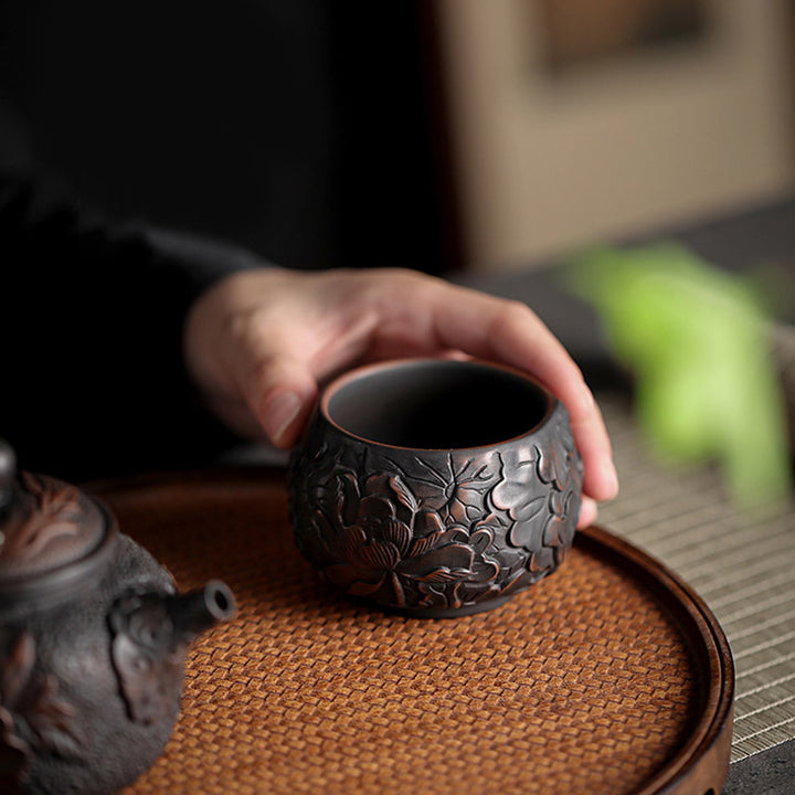 Buddha Stones, hoja de loto, paisaje de flores, dragón, taza de té de cerámica de bambú, tazón de taza de té de Kung Fu