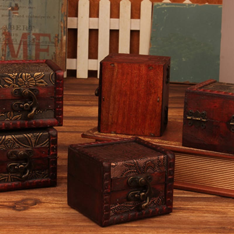 Caja de joyería de madera cuadrada pequeña Retro con Buddha Stones , flor de loto, uva, cobre, moneda, narciso, caja de almacenamiento de joyería