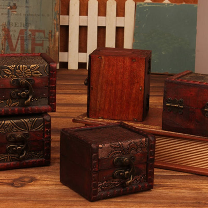 Caja de joyería de madera cuadrada pequeña Retro con Buddha Stones , flor de loto, uva, cobre, moneda, narciso, caja de almacenamiento de joyería