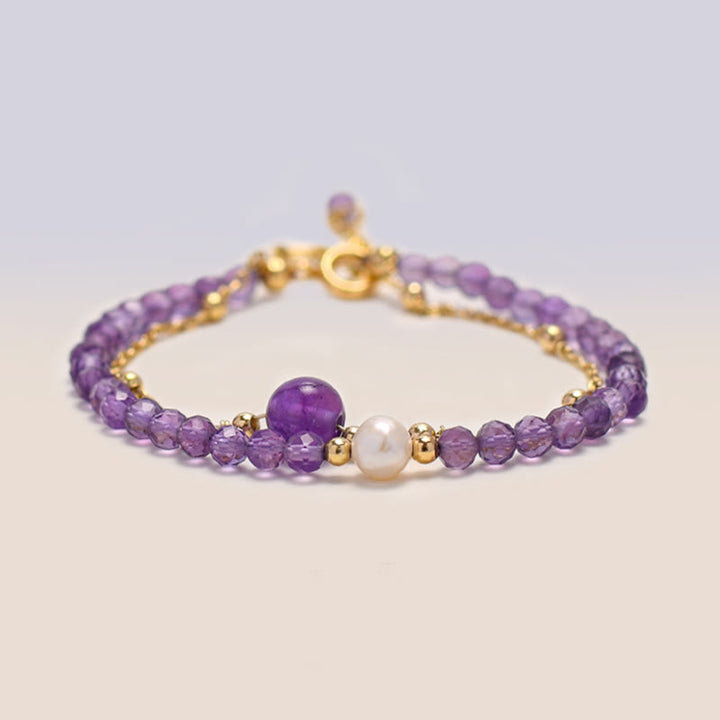 Pulsera de cadena de doble capa curativa con cristal de amatista chapada en oro de 14 quilates con Buddha Stones