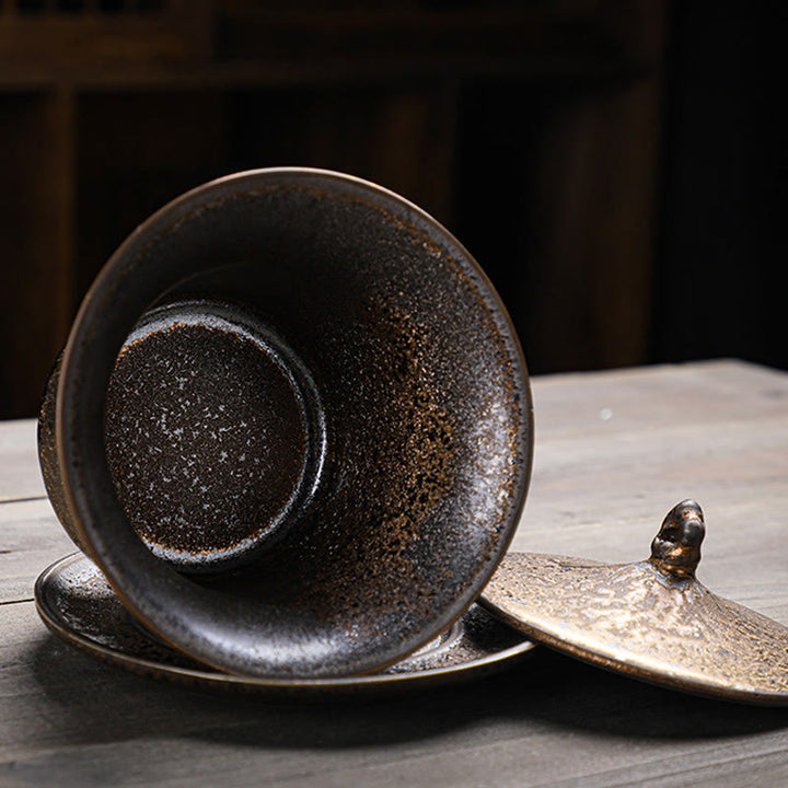 Taza de té y platillo de cerámica con esmalte de óxido Retro, Buddha Stones , Gaiwan Sancai, Kung Fu, con tapa