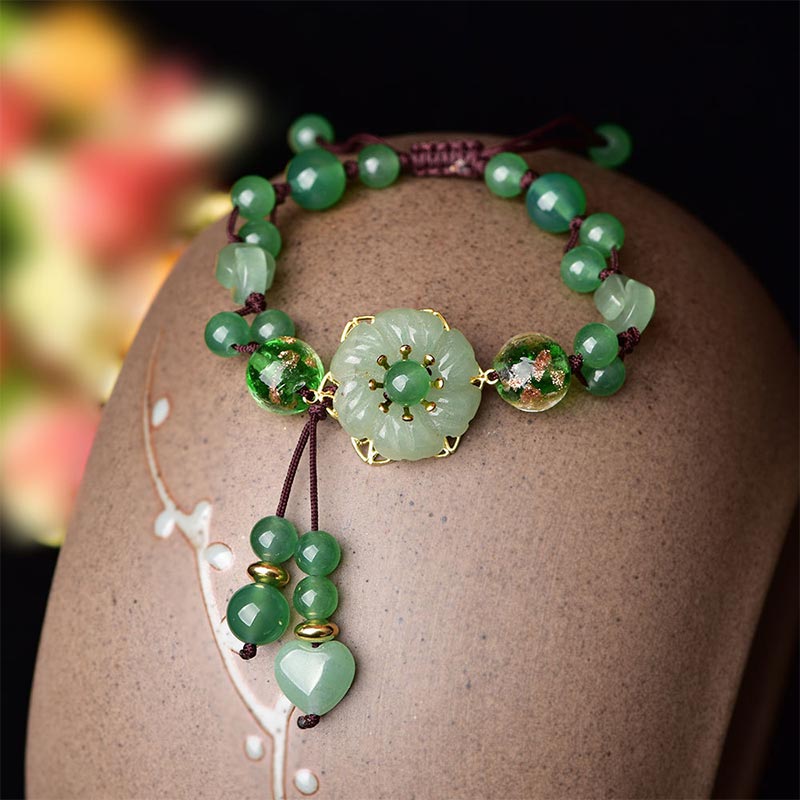 Pulsera de flores colgantes de la suerte de jade verde natural con Buddha Stones
