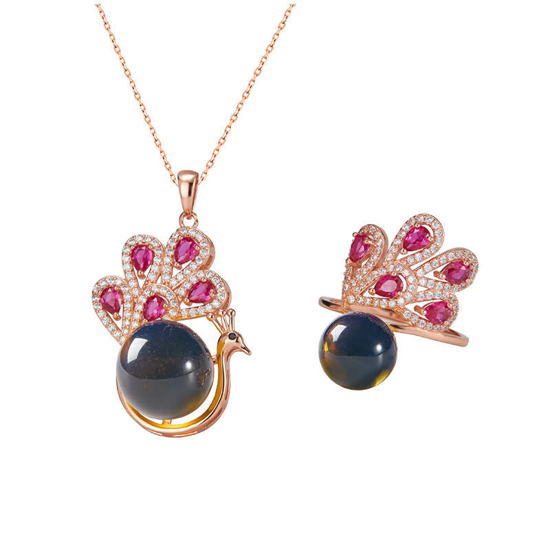 Anillo con colgante de collar de amor de fortuna de ámbar de pavo real