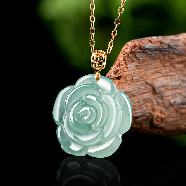 Collar con colgante de jade natural y rosa de la suerte con cadena de plata de ley 925 y hebilla de oro de 18 quilates con Buddha Stones - Jade (Prosperidad♥Abundancia) - image 0