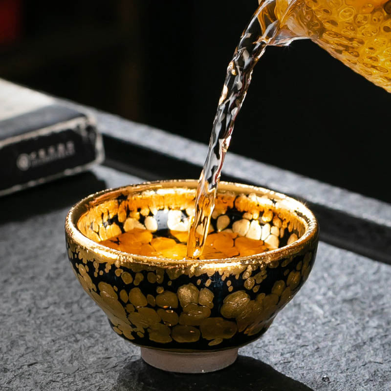 Taza de té de cerámica Jianzhan chino con diseño de manchas de oro de 24K, Buddha Stones , tazón de taza de té de Kung Fu con caja de regalo