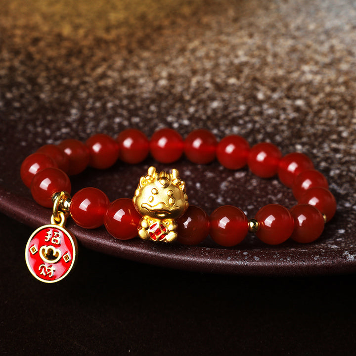 Buddha Stones Año del Dragón Ágata Roja Natural Moneda de Cobre Atraer Pulsera de la Fortuna