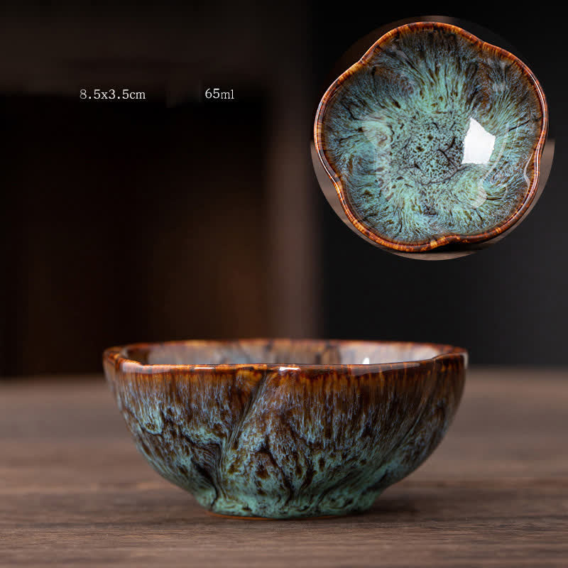 Tazas de té de cerámica con diseño de flor de melocotón y Buddha Stones