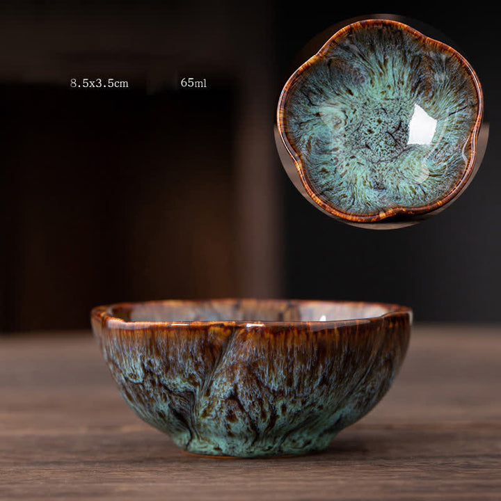 Tazas de té de cerámica con diseño de flor de melocotón y Buddha Stones