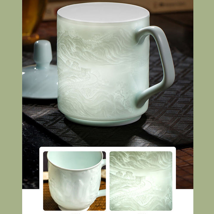 Buddha Stones Jingdezhen, porcelana blanca hecha a mano, gran pared, paisaje, taza de té de cerámica grabada, taza de oficina, tazas de té